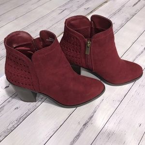 Burgundy Faux Suede Pointy Toe Ankle Boots